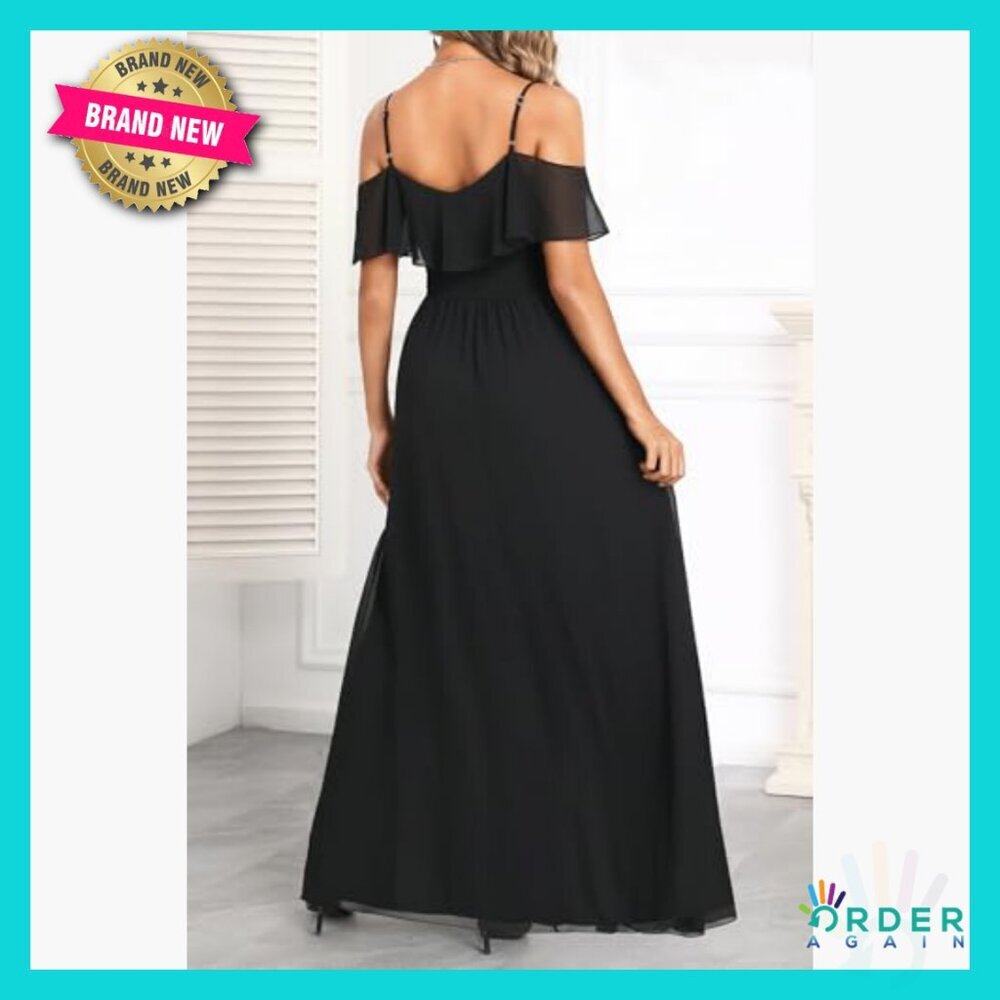 Elegant Off Shoulder Formal Dress A-Line Silhouette Chiffon Wedding Guest - Picture 4 of 7